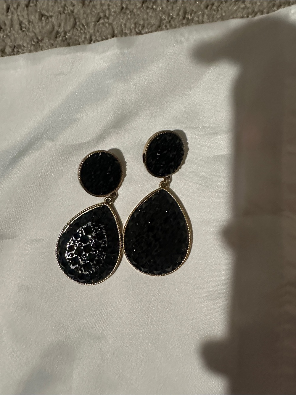 Gold-Trim Black Teardrop Dangle Earrings